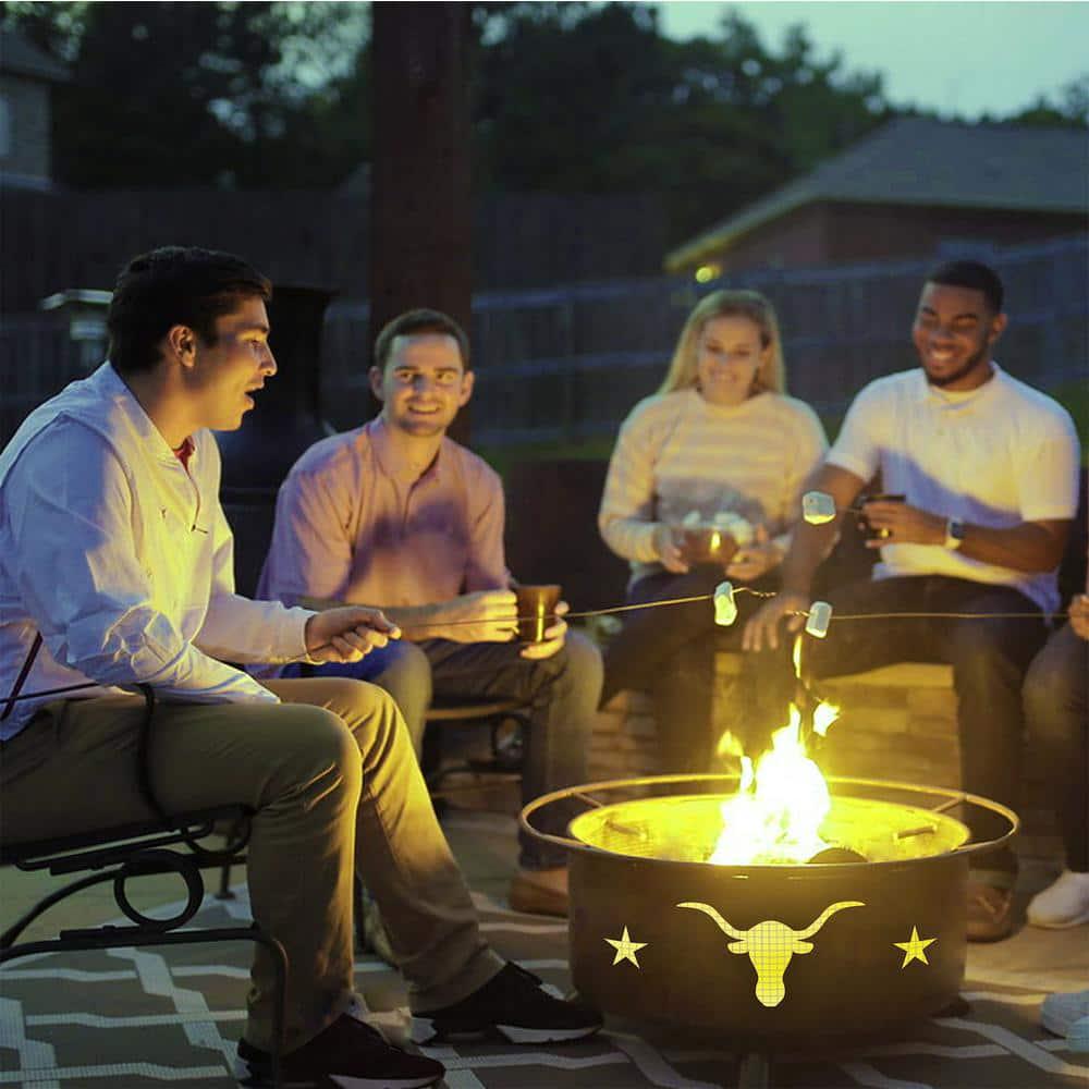 Texas Longhorn 29 in x 18 in Round Steel Wood Burning Fire Pit in Rust with Grill Poker Spark Screen and Cover