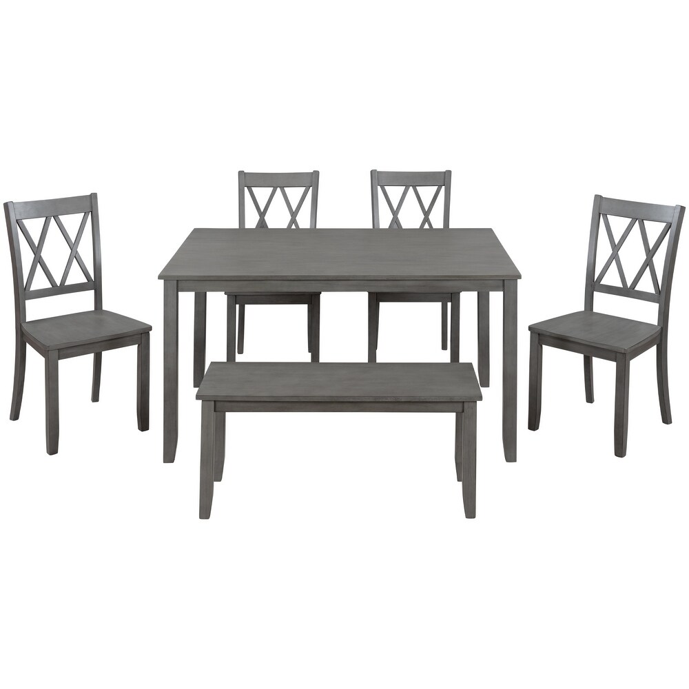 Classic Farmhouse 6 piece Wooden Dining Set with Rectangular Dining Table and Cross Back Side Chairs   Bench  for Dining Room