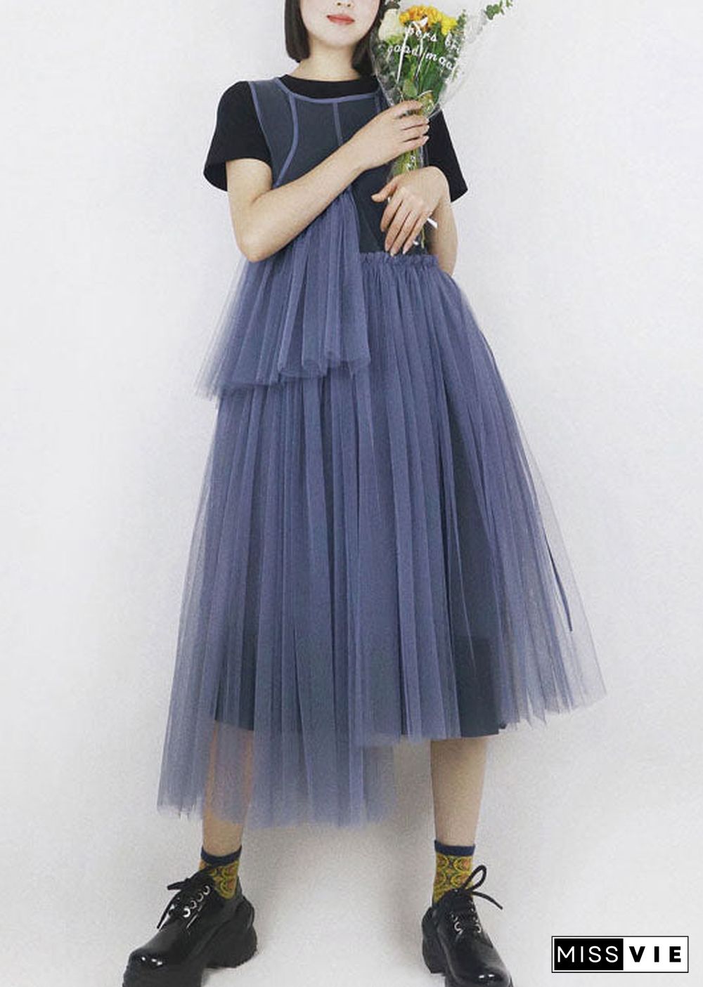 Casual Blue Asymmetrical Design Tulle Robe Dresses Long Smock Summer