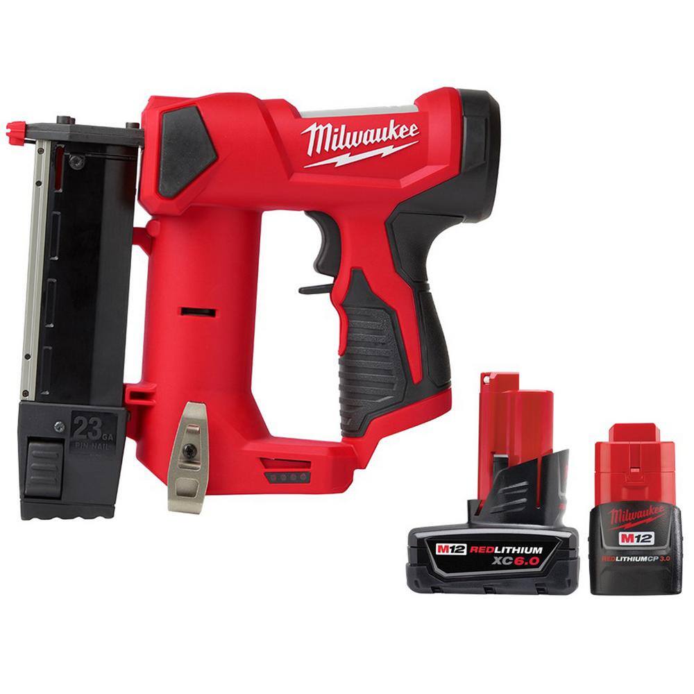 MW M12 12-Volt 23-Gauge Lithium-Ion Cordless Pin Nailer with M12 6.0Ah and M12 3.0Ah Battery Packs 2540-20-48-11-2460-48-11-2430