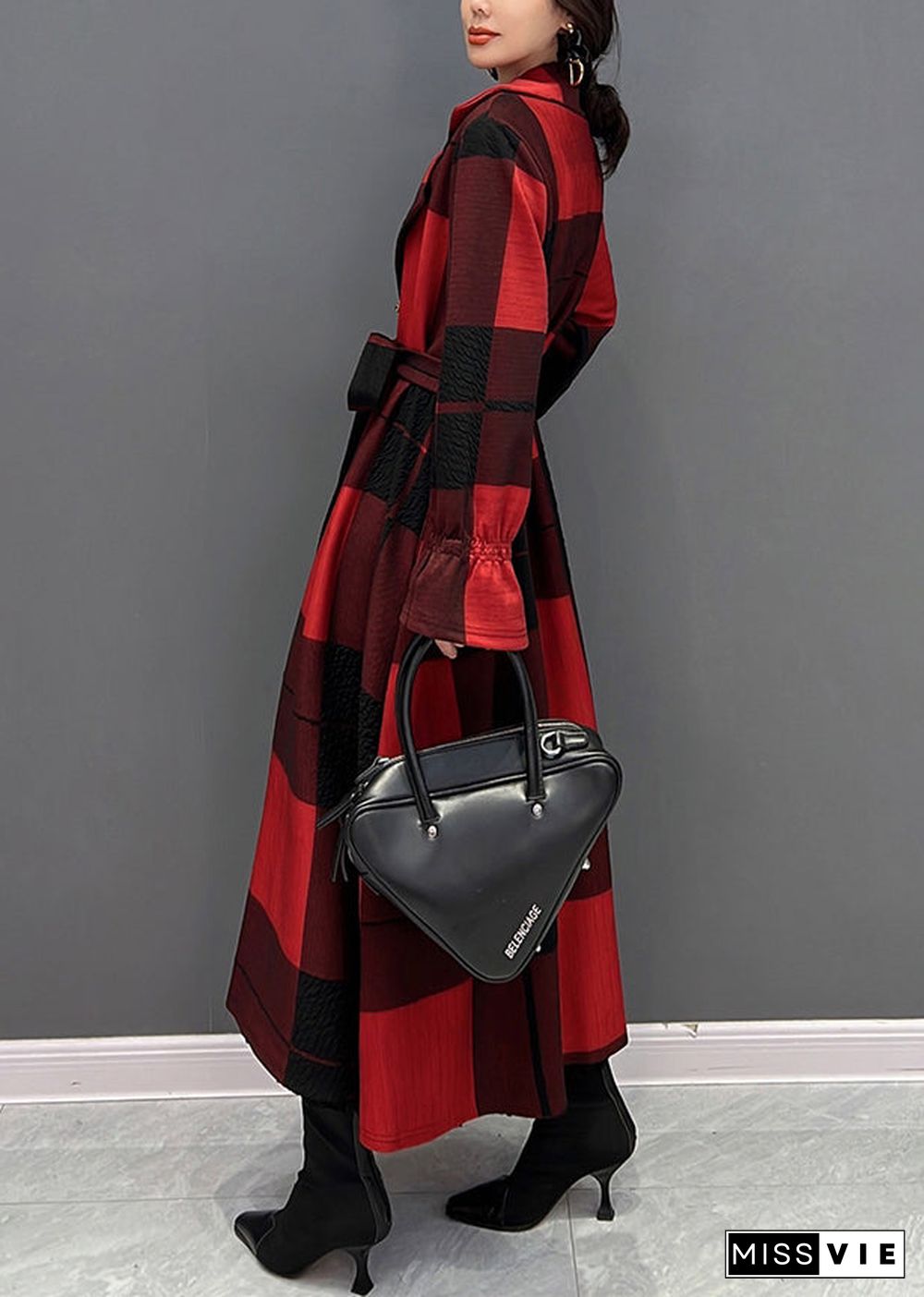 Casual Red Notched Plaid Tie Waist Long Coats Fall