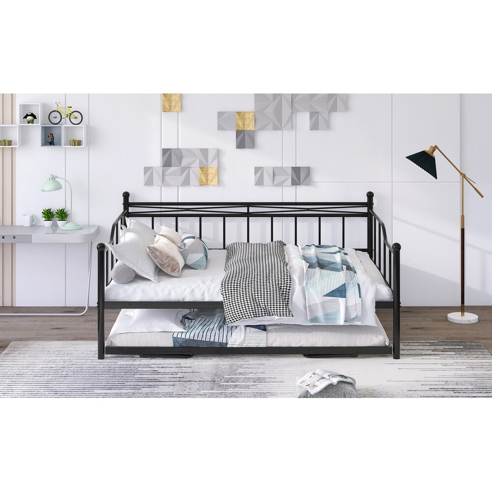 Full Size Metal Daybed with Twin Adjustable Trundle  Portable Folding