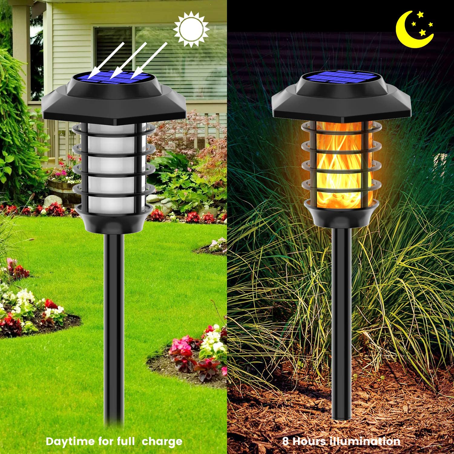 Junovo 2 Pack Solar Flickering Flame Light Solar Powered Pathway Light Waterproof Outdoor Garden Landscape Light for Patio Deck Yard