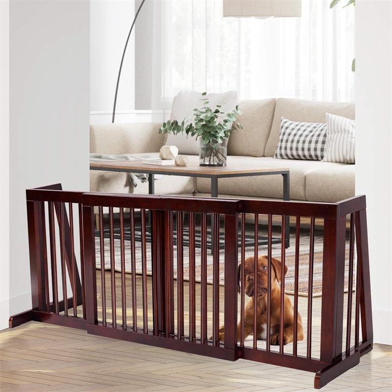 Freestanding Pet Gate Expandable Wood Dog Gate 28''- 80'' Adjustable Step Over Pet Fence for Indoor