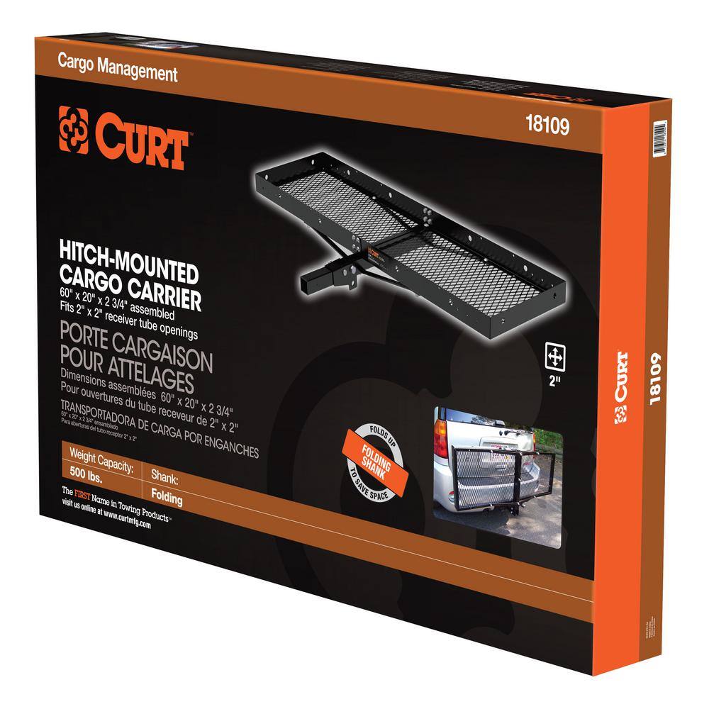 CURT 500 lb. Capacity 60 in. x 20 in. Black Steel Tray Cargo Carrier (Folding 2 in. Shank) 18109