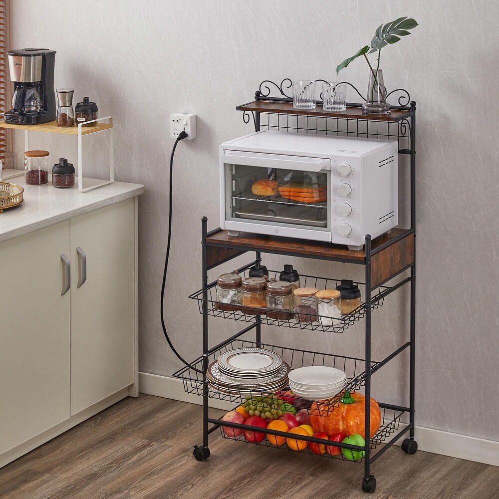 Kitchen Removable Micorwave Shelf Wire Basket Storage Shelf Rack with Wheels   Anti skid Locks