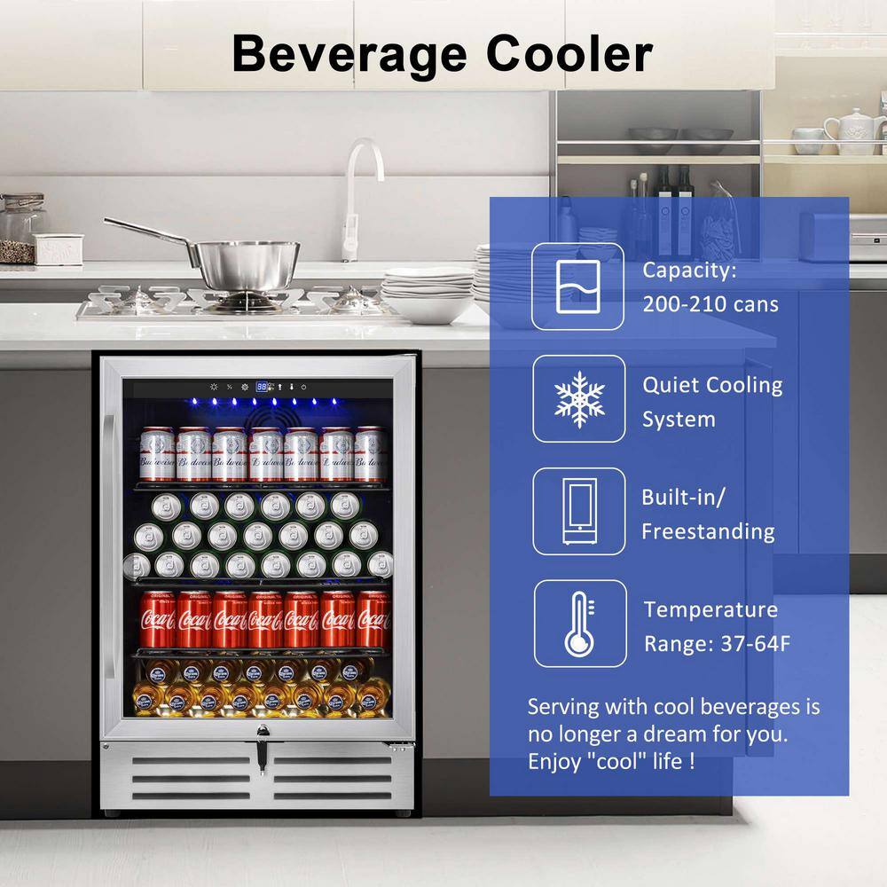 Hooure 24 in. Built-inFreestanding Single Zone Beverage Refrigerator with 210 Can(12 oz. )Beverage Stainless Steel D2PHD-4