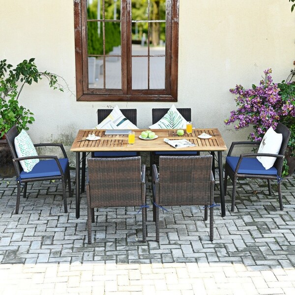 7Pcs Patio Rattan Cushioned Dining Set with Umbrella Hole