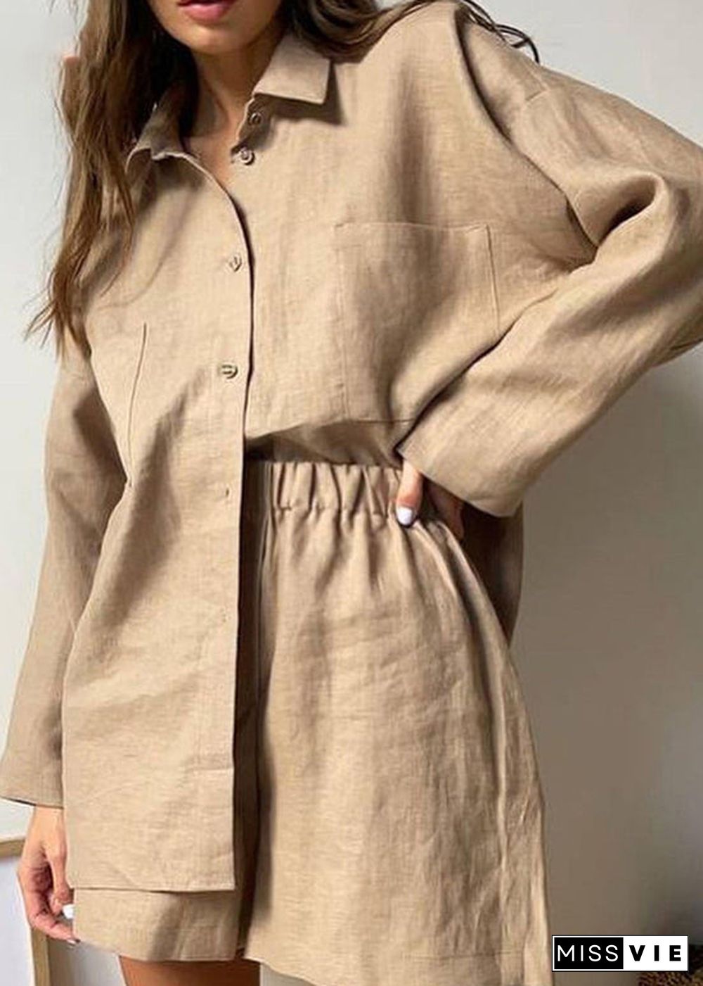 Plus Size Khaki Peter Pan Collar Shirt And Shorts Two Piece Set Spring