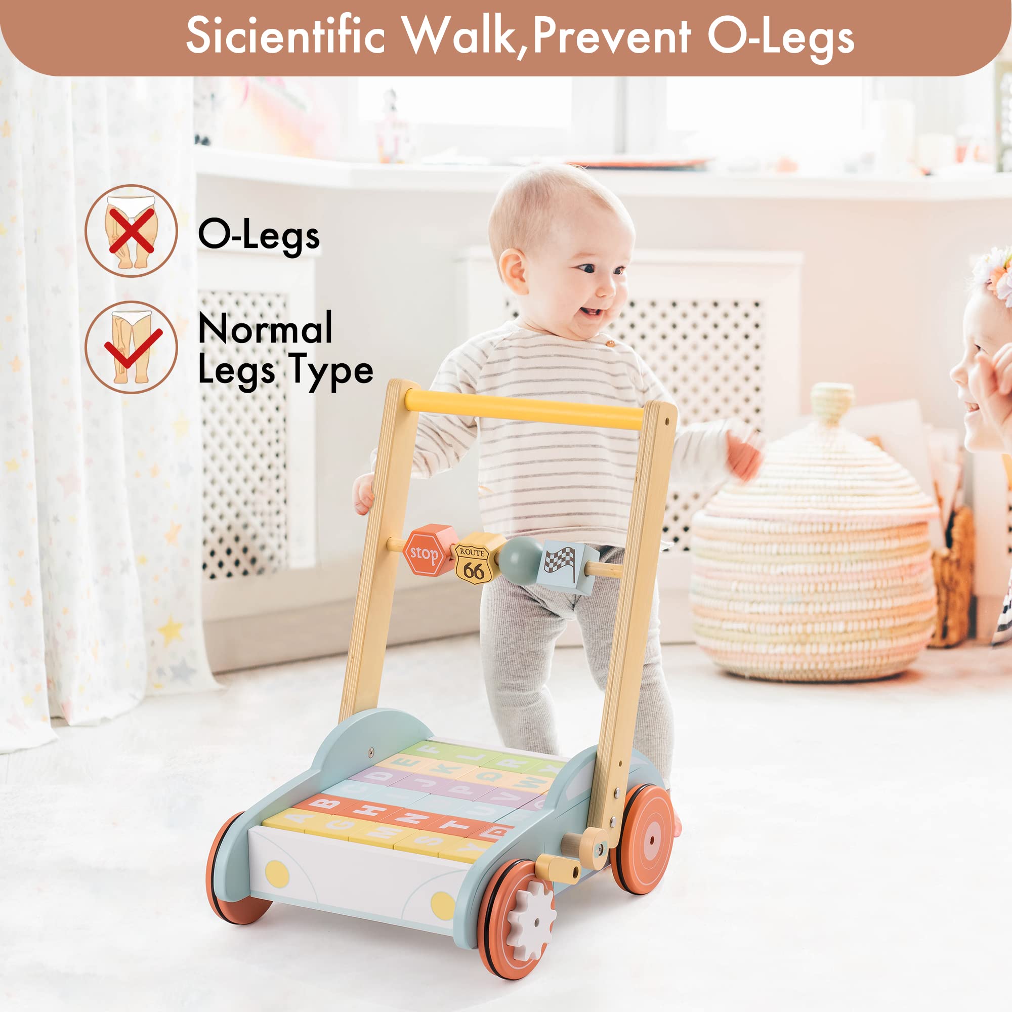 Robud Wooden Baby Walkers Push Toys for Baby Girls Boys 10 Month +， Adjustable Speed Push and Pull Learning Walker Activity Toys for Toddler