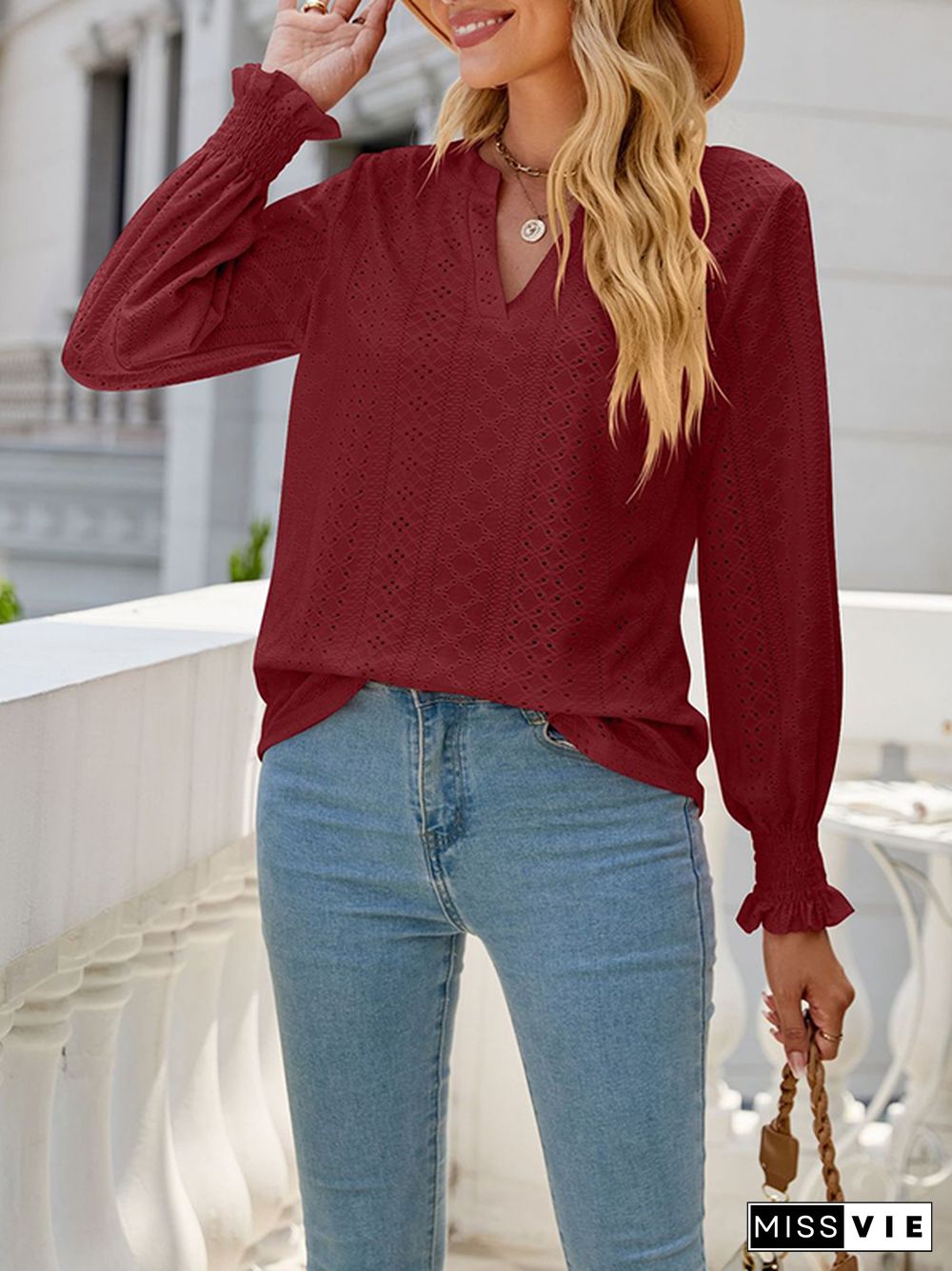 Long Sleeves Loose Elasticity Hollow Solid Color V-Neck T-Shirts Tops