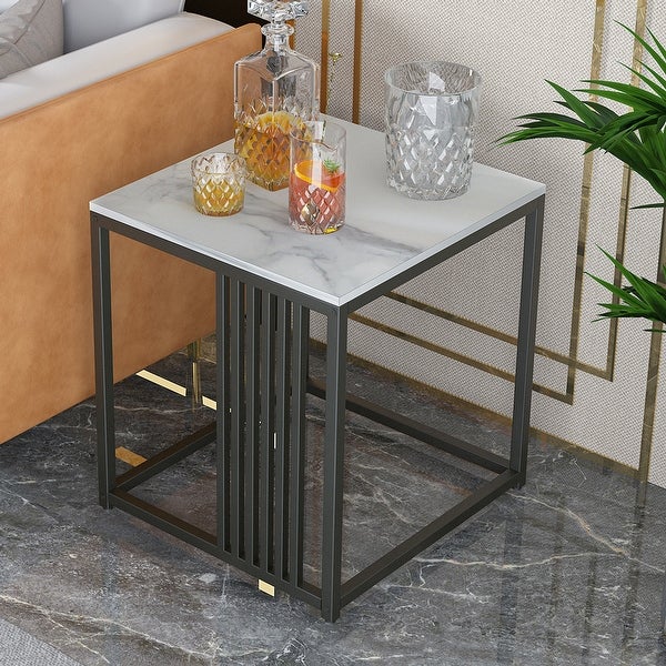 15.7 Inch Industrial Style Marble Top Square Side Table