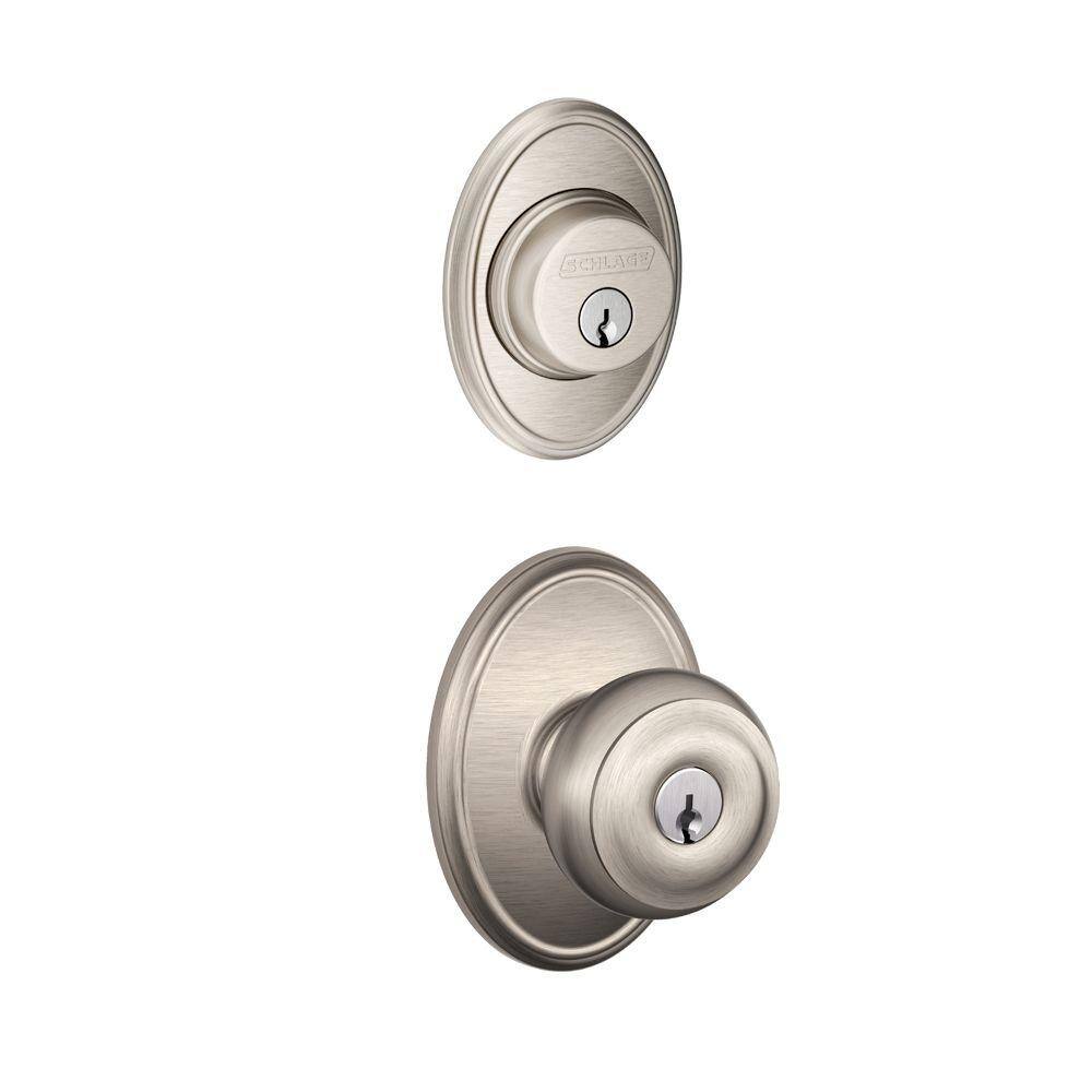 Schlage Georgian Satin Nickel Single Cylinder Deadbolt and Keyed Entry Door Knob with Wakefield Trim Combo Pack FB55N V GEO 619 WKF