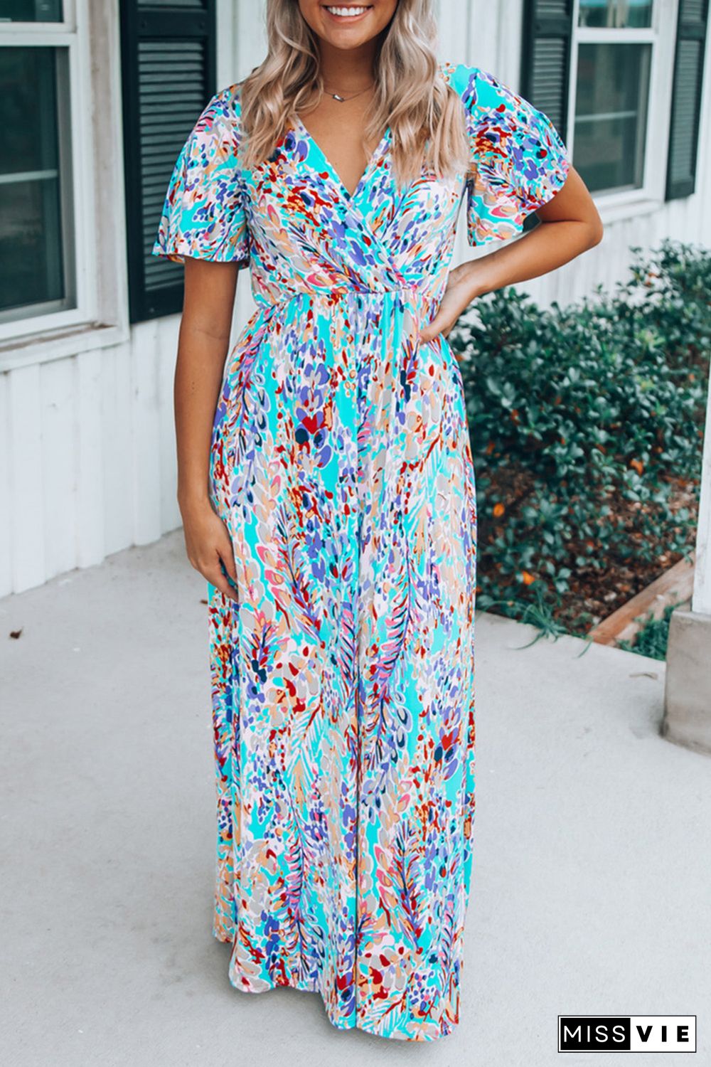 Green Wrap V Neck Floral Maxi Dress