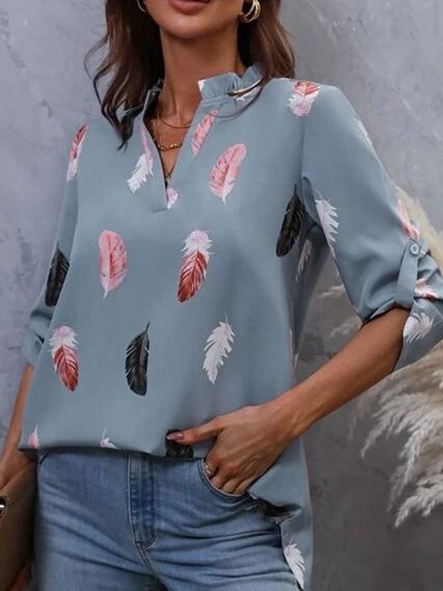 V-neck Casual Loose Feather Print Long-sleeved Blouse