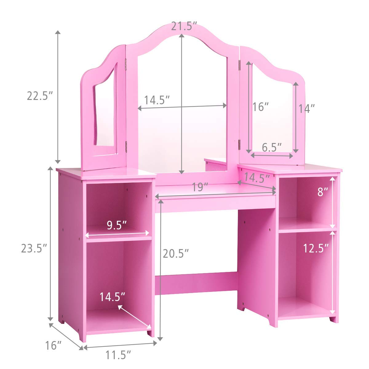 Costzon Kids Vanity, Princess Makeup Dressing Table with Tri-Folding Mirror & Storage Shelves, Pink