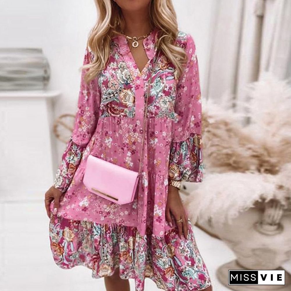 Back To School Outfits   Women Vintage Floral Dress Spring Fashion Flare Sleeve Loose V-Neck Ruffle Mini Dresses Lady Elegant Party Beach Dress Vestidos