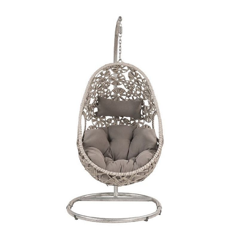 Patio Hanging Chair with Open Circular Motifs and Wicker Frame， Gray