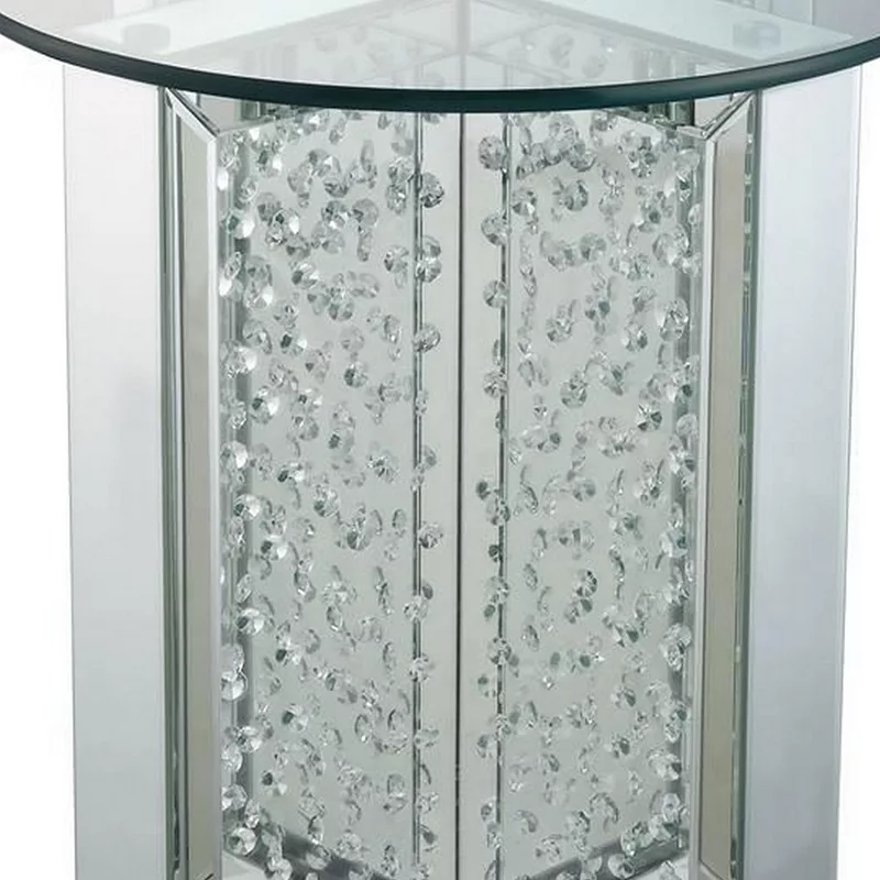 Round Mirrored Metal End Table with Glass Top and Crystal Accent Base， Silver