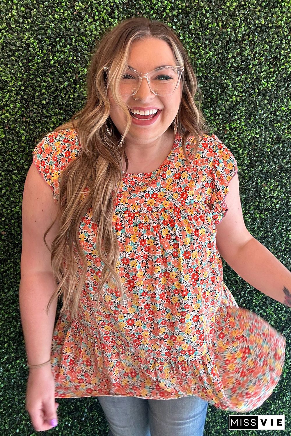 Multicolor Plus Size Boho Floral Print Ruffle Tiered Top