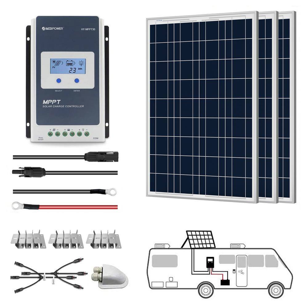 ACOPower 300-Watt Polycrystalline OffGrid Solar Power Kit with 3 x 100-Watt Solar Panel 30 Amp MPPT Charge Controller SPKP-300W30A