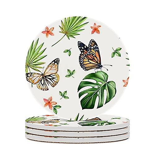 Round Drink Coasters 1 Pcs Watercolor Tropical Butterflies Dragonflies Absorbent Ceramic Coaster With Cork Base For Coffee Cups Housewarming Gift For