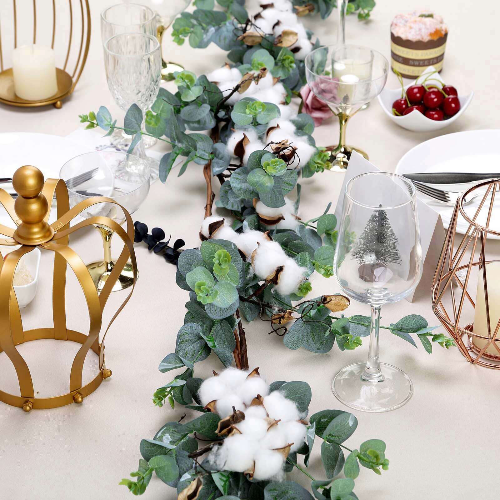 Green Artificial Eucalyptus Leaf, White Cotton Ball Garland Vine 5ft