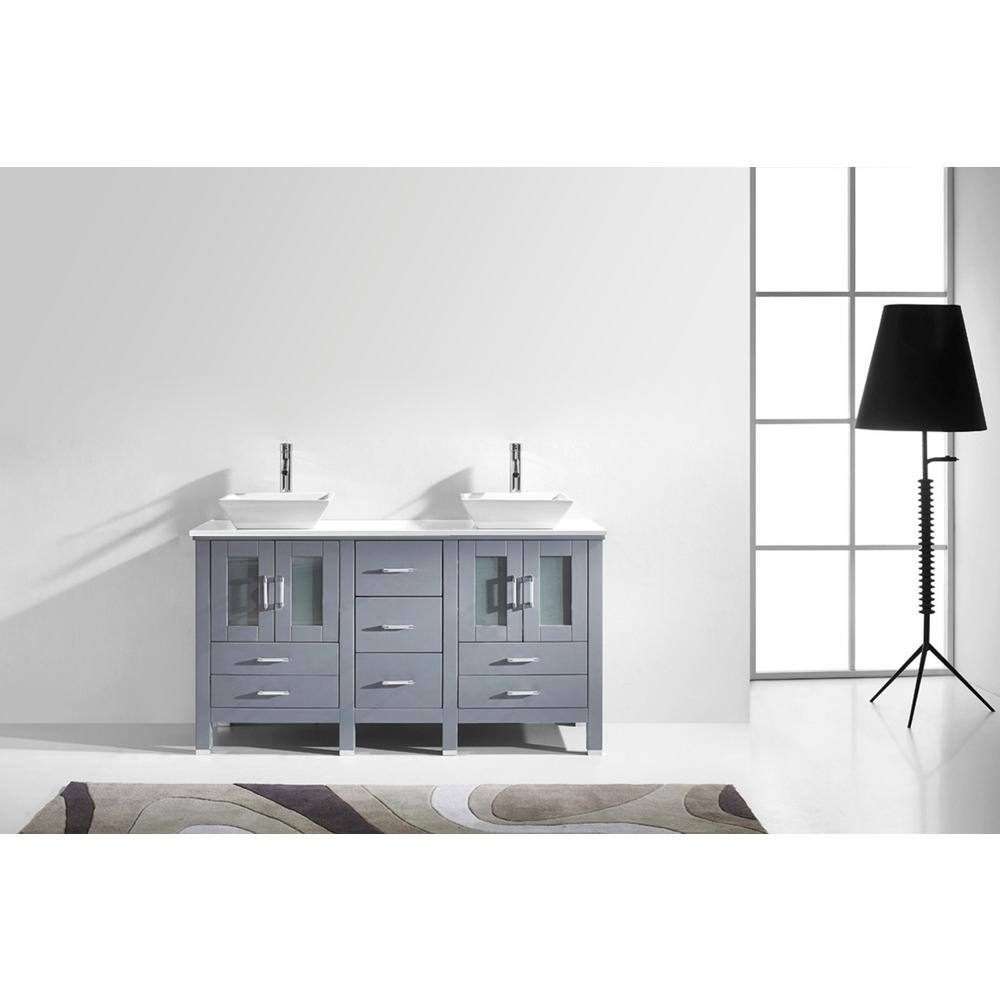 Virtu USA Bradford 60 in. W Bath Vanity in Gray with Stone Vanity Top in White Stone with Square Basin MD-4305-S-GR-NM