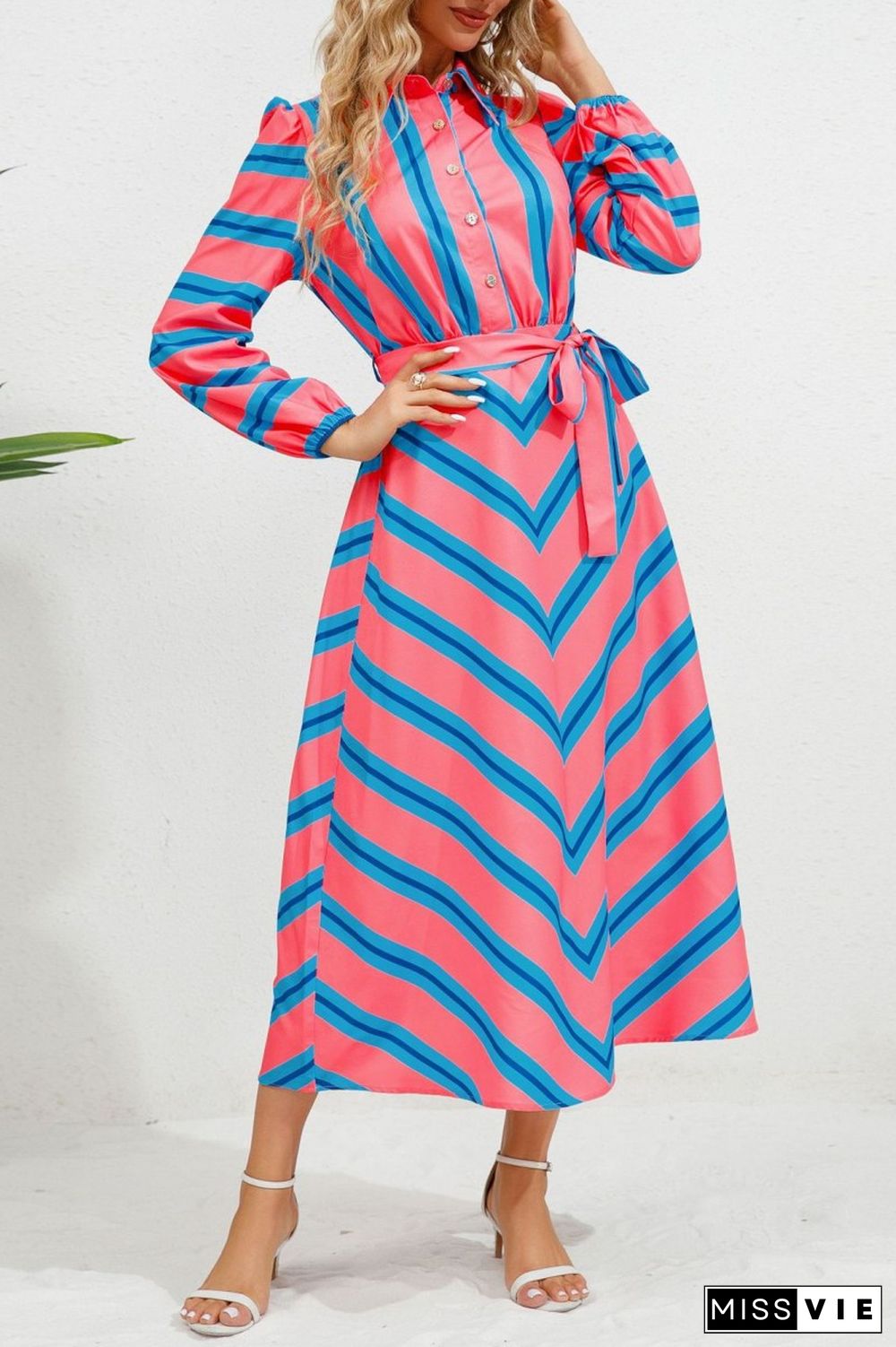 Blue Casual Striped Print Patchwork Turndown Collar Shirt Dress Dresses