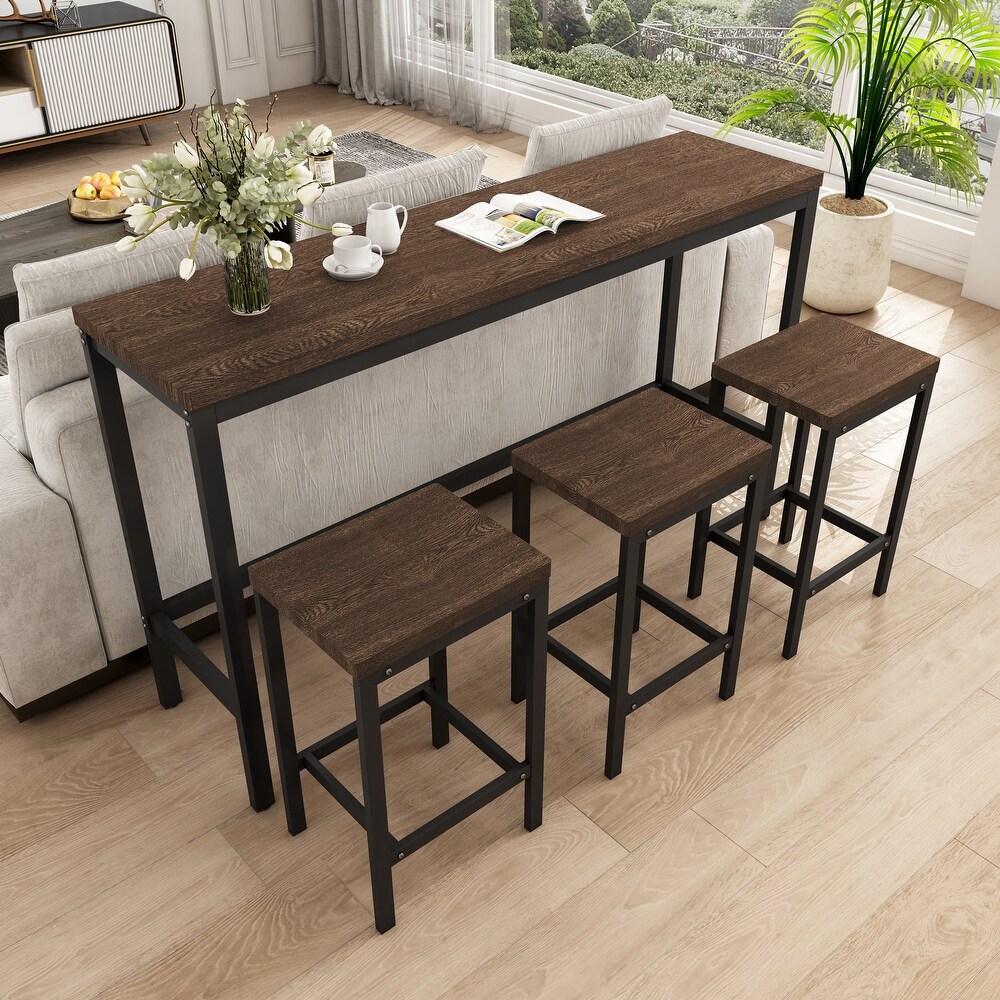 4 Piece Counter Height Long Dining Table Set with 3 Stools   Footrest  Kitchen Dining Table Pub Table Set  Dark Brown