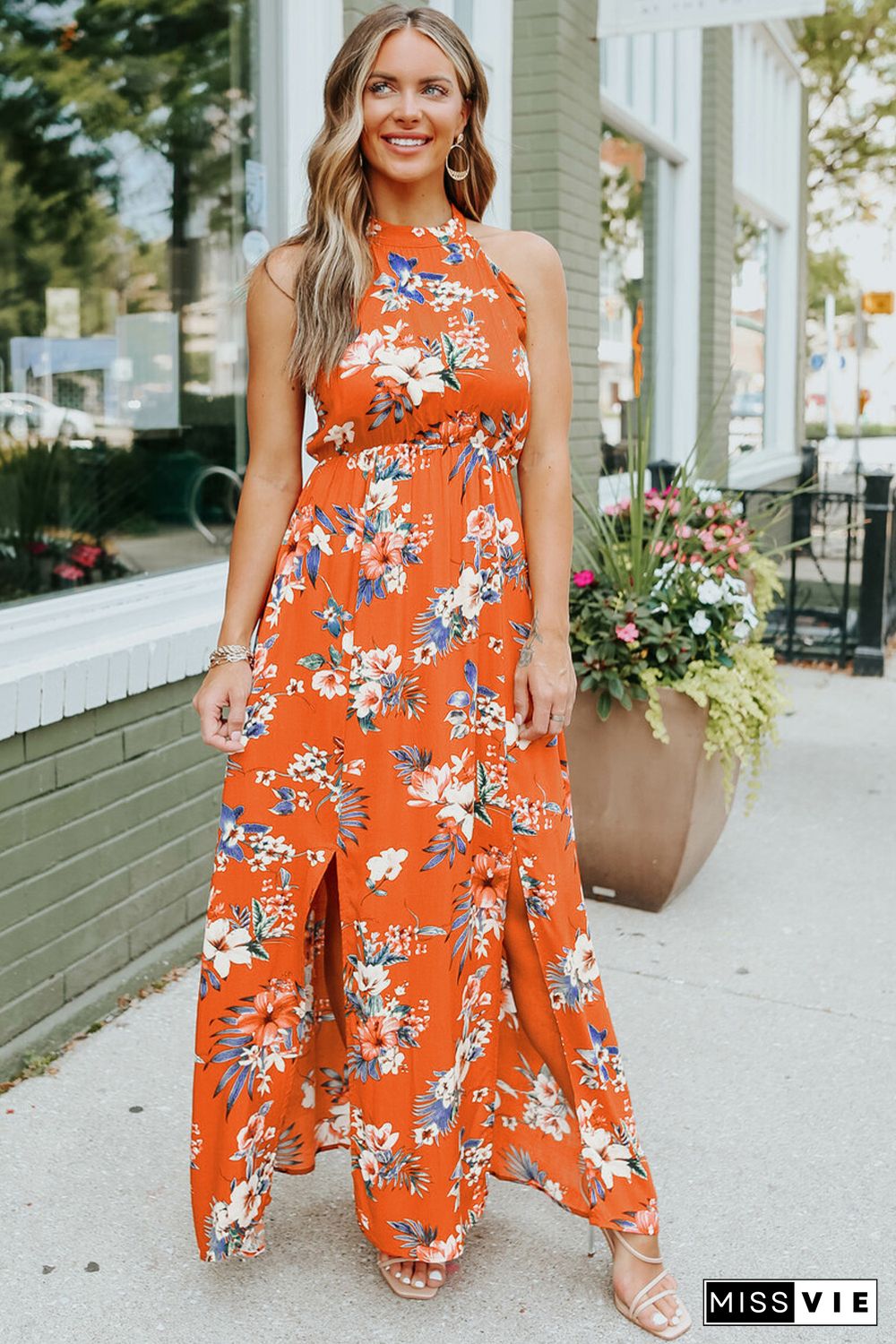 Orange Halter Neck Sleeveless Floral Dress with Slits