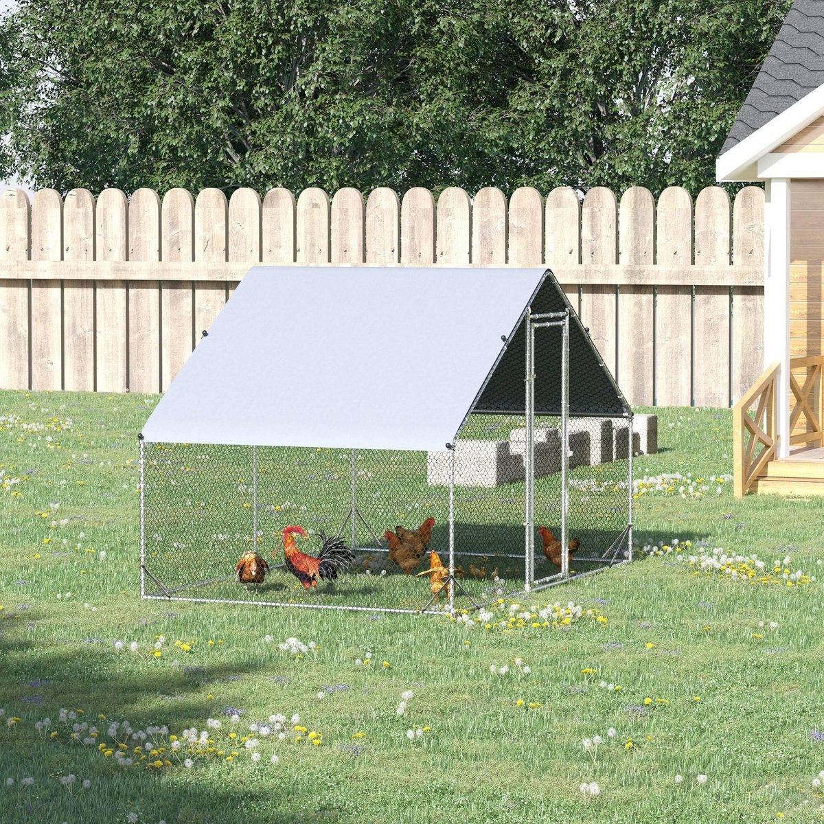 PawHut Walk-in Poultry Cage Galvanized Outdoor Metal Chicken Coop， Silver， Large