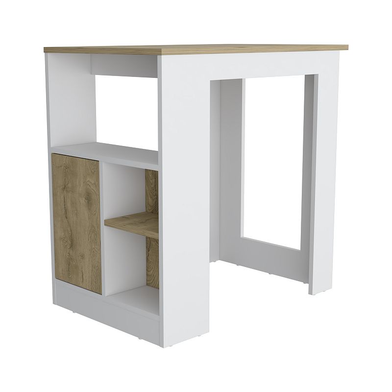 DEPOT E-SHOP Masset Kitchen Island with Side Shelves and Cabinet， White / Macadamia