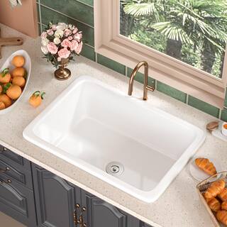 DEERVALLEY Glen White Fireclay Rectangular 27 in. Single Bowl Undermount Kitchen Sink with Bottom Grid and Basket Strainer DV-1K509