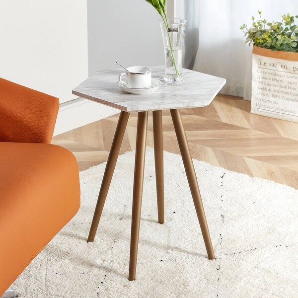 Modern Minimalism Faux Marble Side Table with Dark Gold Metal Legs