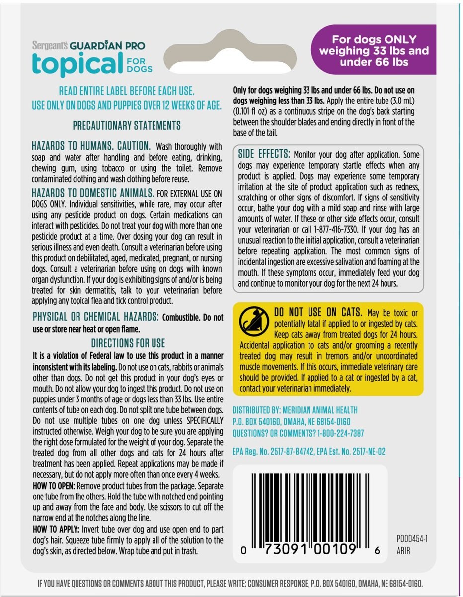 Sergeant's Guardian Dog Pro Flea and Tick Topical Treatment， 33-66-lb， 3 count