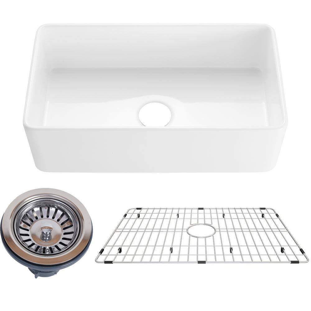 JimsMaison White Fireclay 33 in. Single Bowl Farmhouse Apron Kitchen Sink with Sink Grid JMAOKS01-3318WH