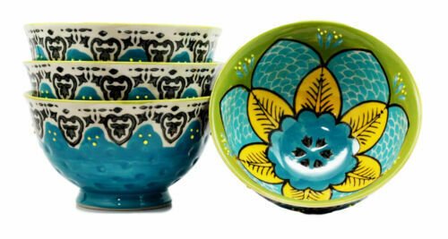 1 Luxury Ottoman Style Textured Dining Bowls Set of 4 Turquoise Flower Blossom EBR02