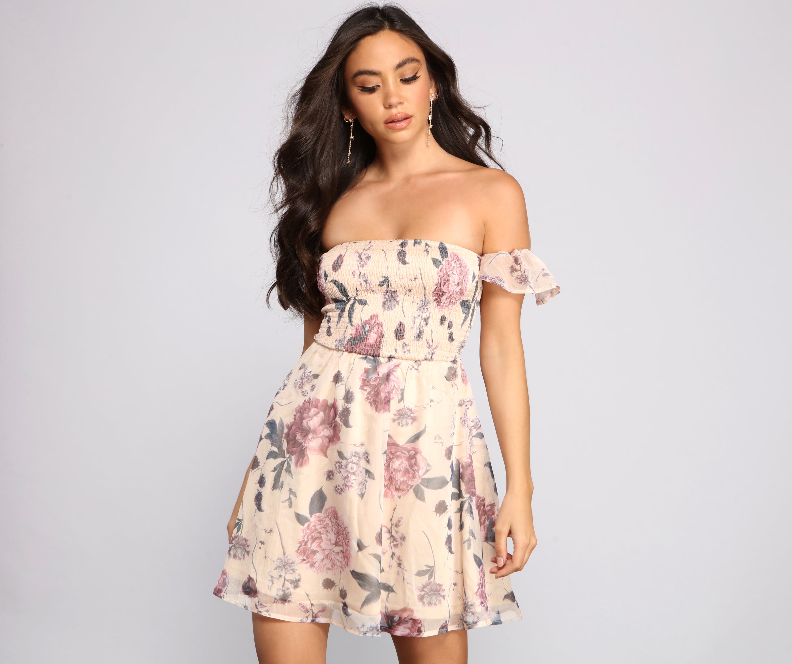 Chic Floral Chiffon Off The Shoulder Mini Dress