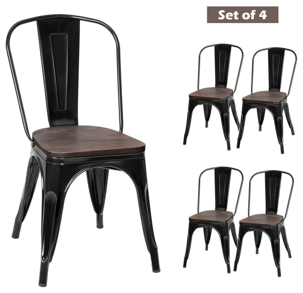 Costway Set of 4 Dining Side Chair Stackable Bistro Metal Wood Stool Black   Industrial   Dining Chairs   by Costway INC.  Houzz