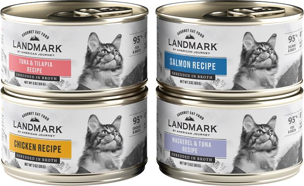 American Journey Landmark Seafood and Chicken in Broth Variety Pack Grain-Free Canned Cat Food， 3-oz， case of 12