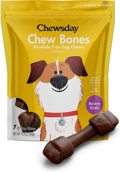 Chewsday Bacony Sizzle Chew Bones Rawhide-Free Dog Hard Chews， 7 count， Small