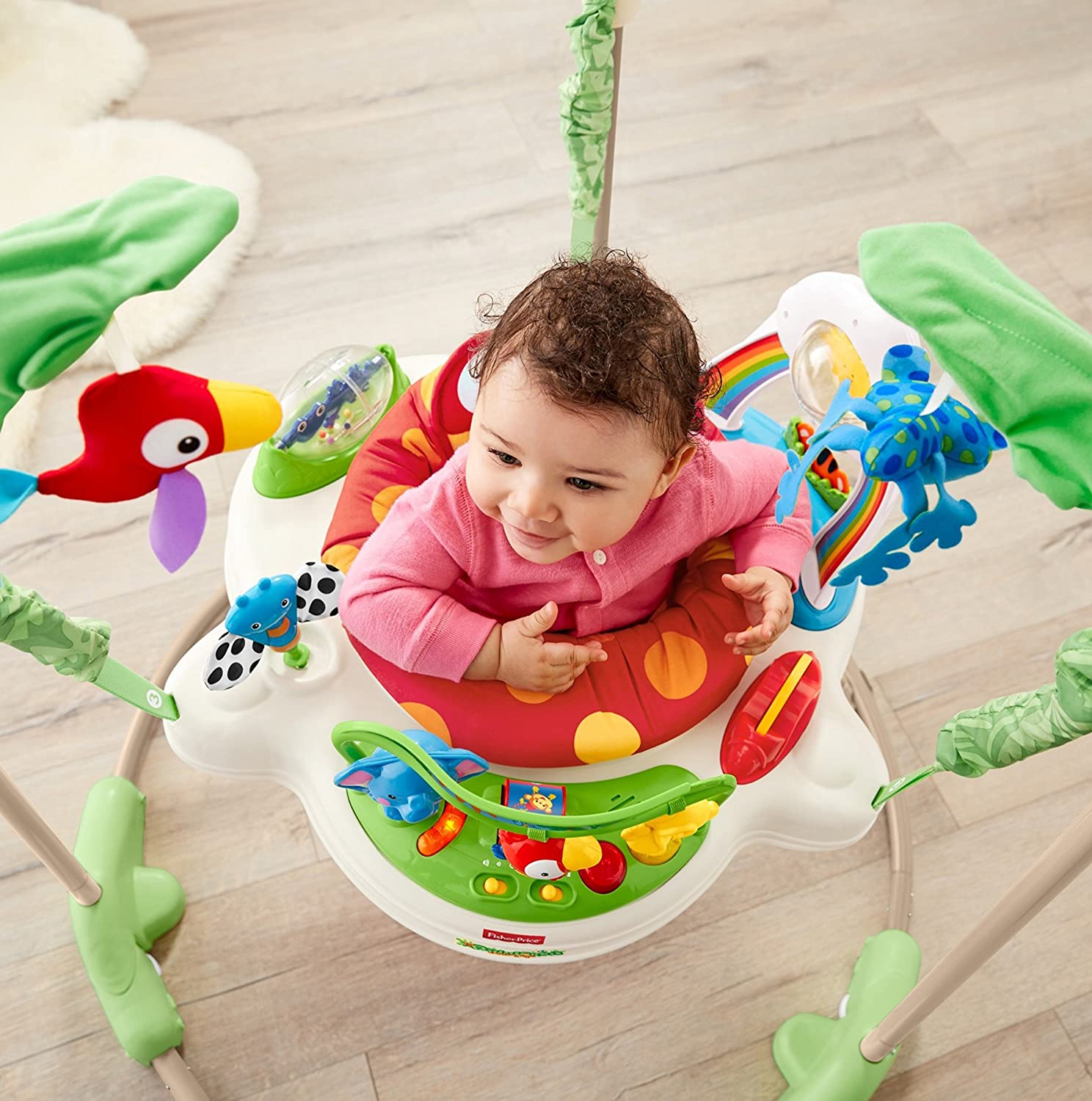 Fisher-Price Rainforest Jumperoo， freestanding baby activity center with lights， music， and toys