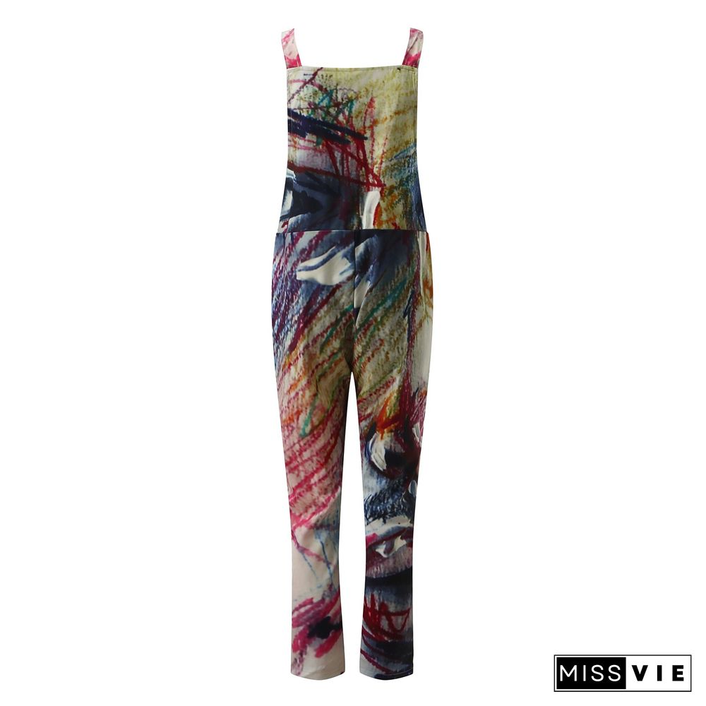 Women Fashion Sleeveless Straps Wide Leg Pants Sexy Printed Rompers Summer Jumpsuits Casual Long Overalls Vintage Suspenders