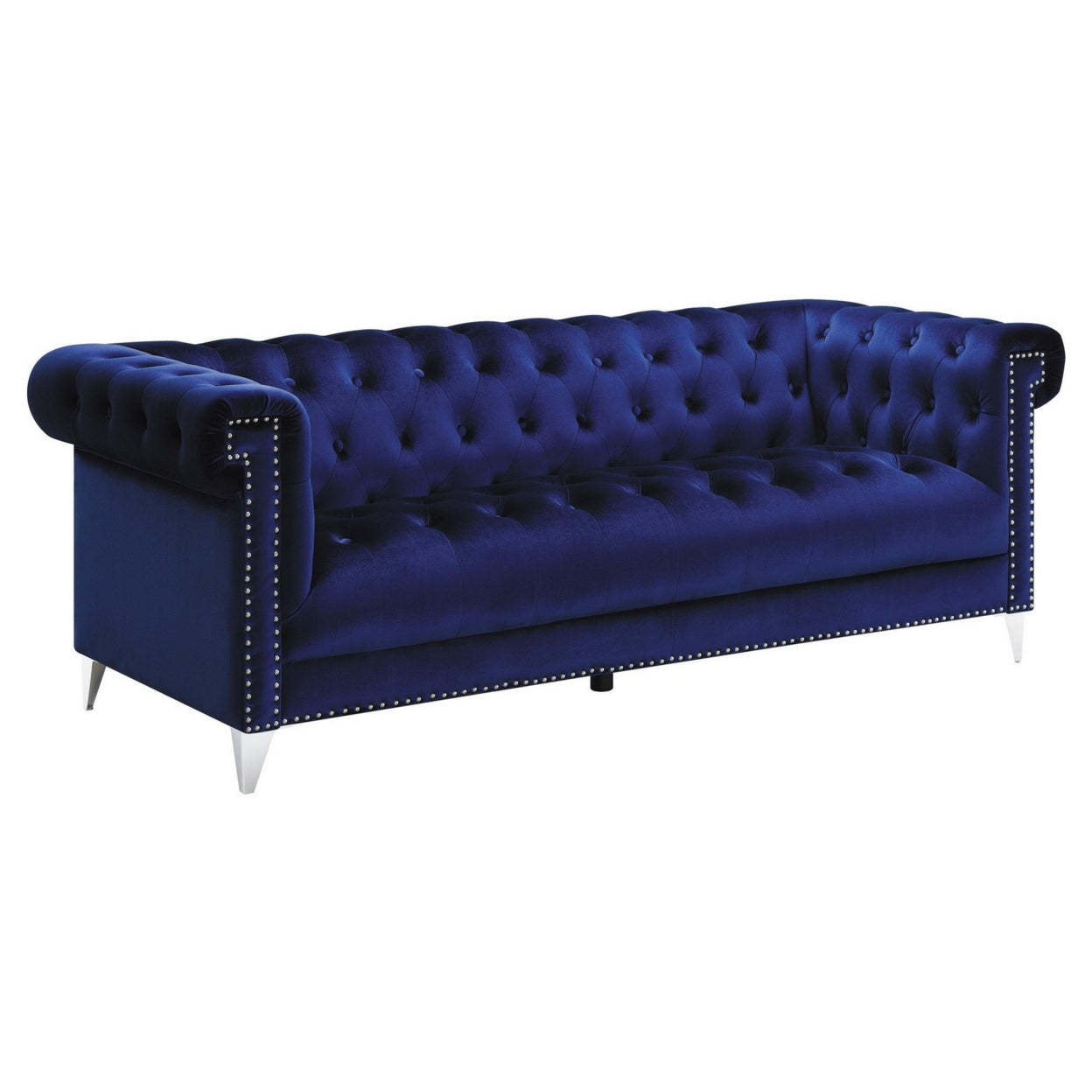 Gavin 83 Inch Modern Tuxedo Sofa, Deep Button Tufted, Nailhead, Blue Velvet- Saltoro Sherpi