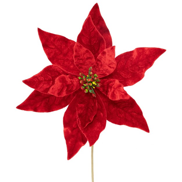 Glittered Red Velvet Christmas Poinsettia Stem Spray