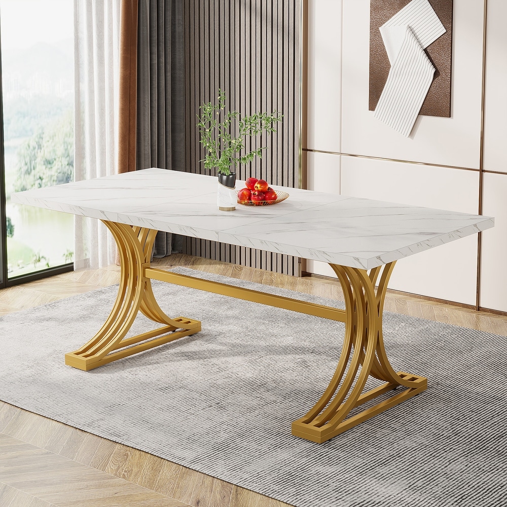 63'' Modern Dining Table with Faux Marble Tabletop for Kitchen Dining Room