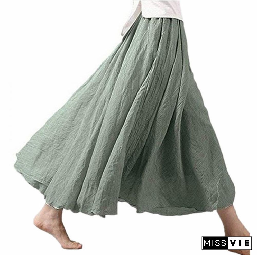 Women Linen Cotton Long Skirts Elastic Waist Pleated Maxi Skirts Beach Boho Vintage Summer Skirts Faldas Saia