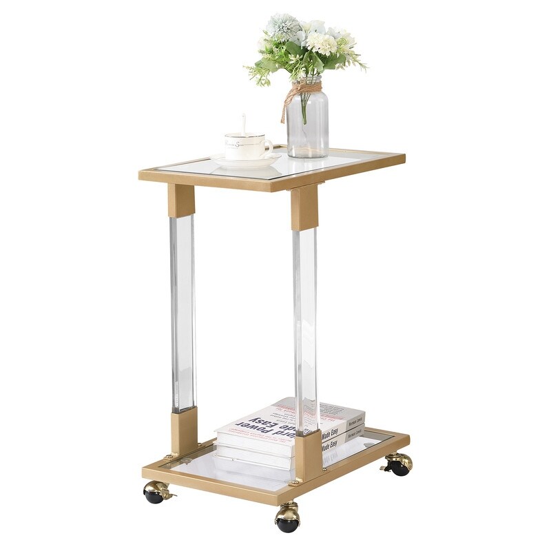 Grondin Modern Contemporary C Shaped Side Table Snack Table with Tempered Glass  Steel and Acrylic Frame  Lockable Casters