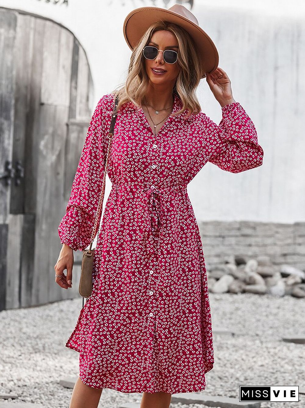 Dresses For Women New Spring Autumn Printed Dress Belt Waist A-line Skirt Temperament Commuter Office Women's Dress Robe